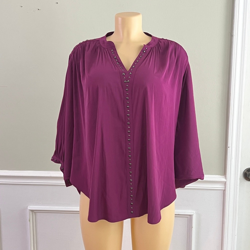 Chicos Blouse Women 2/12 Studded V-Neck 3/4 Sleeve Purple Boho Top‎